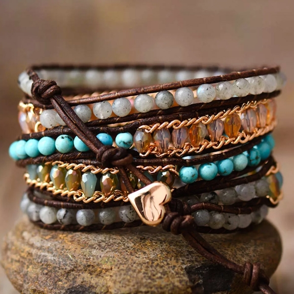 Ladies Handcrafted Leather Gemstone Wrap Bracelet - Picture 3 of 5